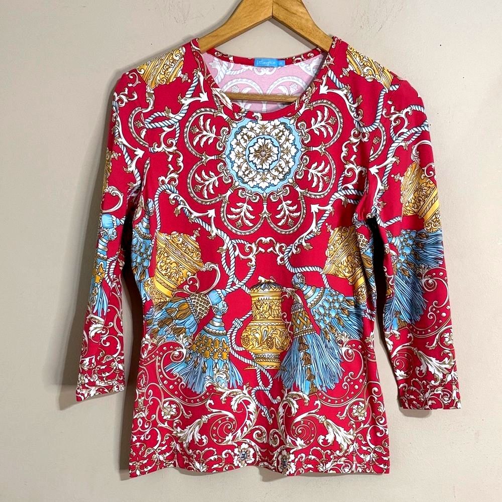 J. McLaughlin Catalina Cloth Equestrian Pattern Top 3/4 Sleeve Size M Old Money